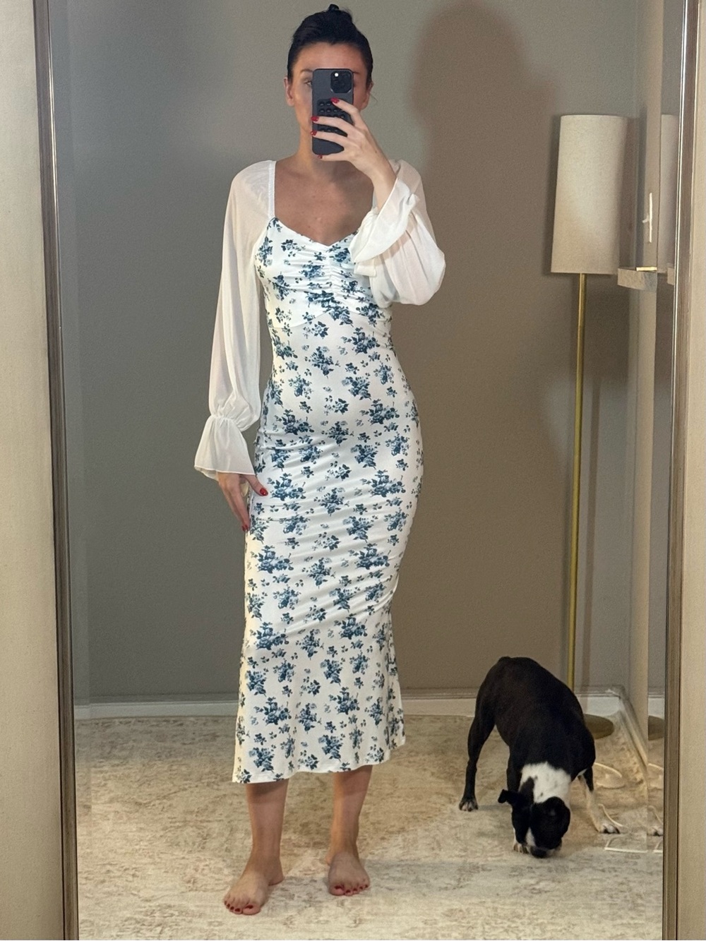Floral Slim Slip Midi Dress in White and Blue